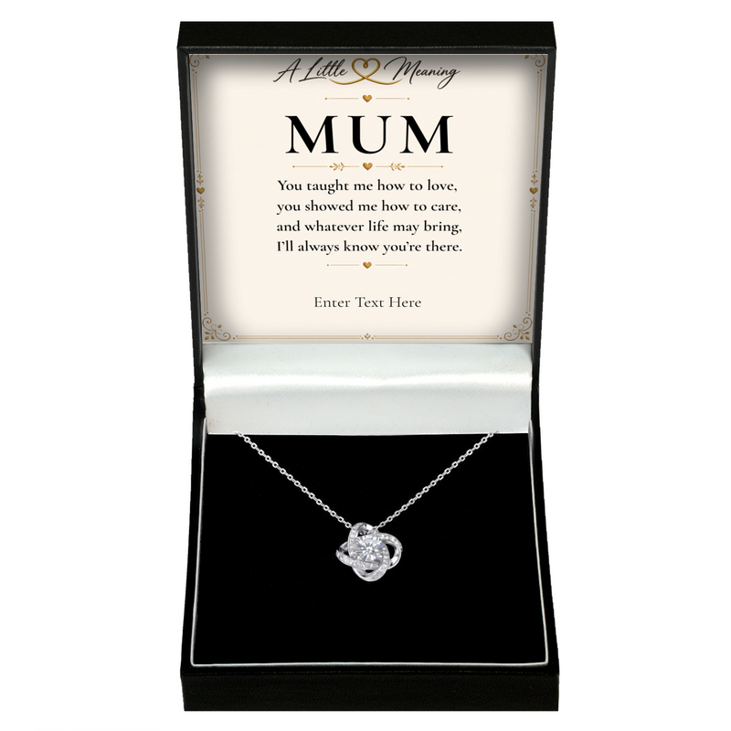 The Forever Mum Necklace: love knot pendant in a gift box with a personalised message card