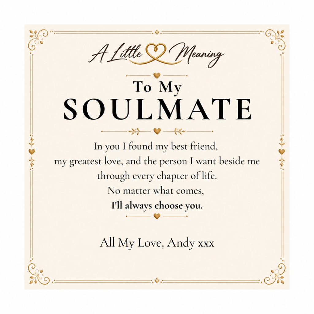 Soulmate message card with example personalisation: All My Love, Andy xxx