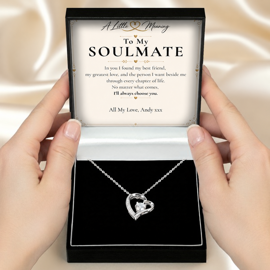 Soulmate necklace gift with example personalised message card