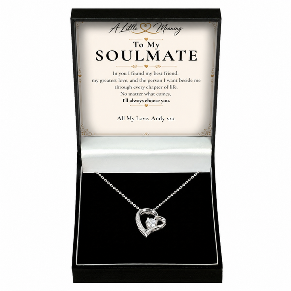 Soulmate necklace gift with example personalised message card