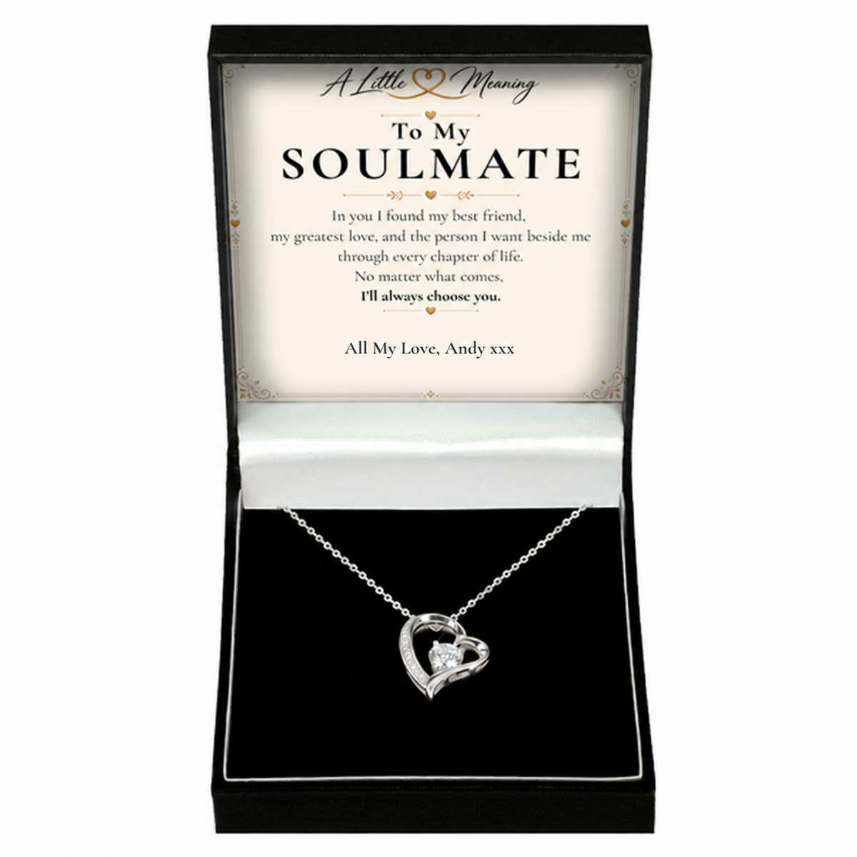 Soulmate necklace gift with example personalised message card