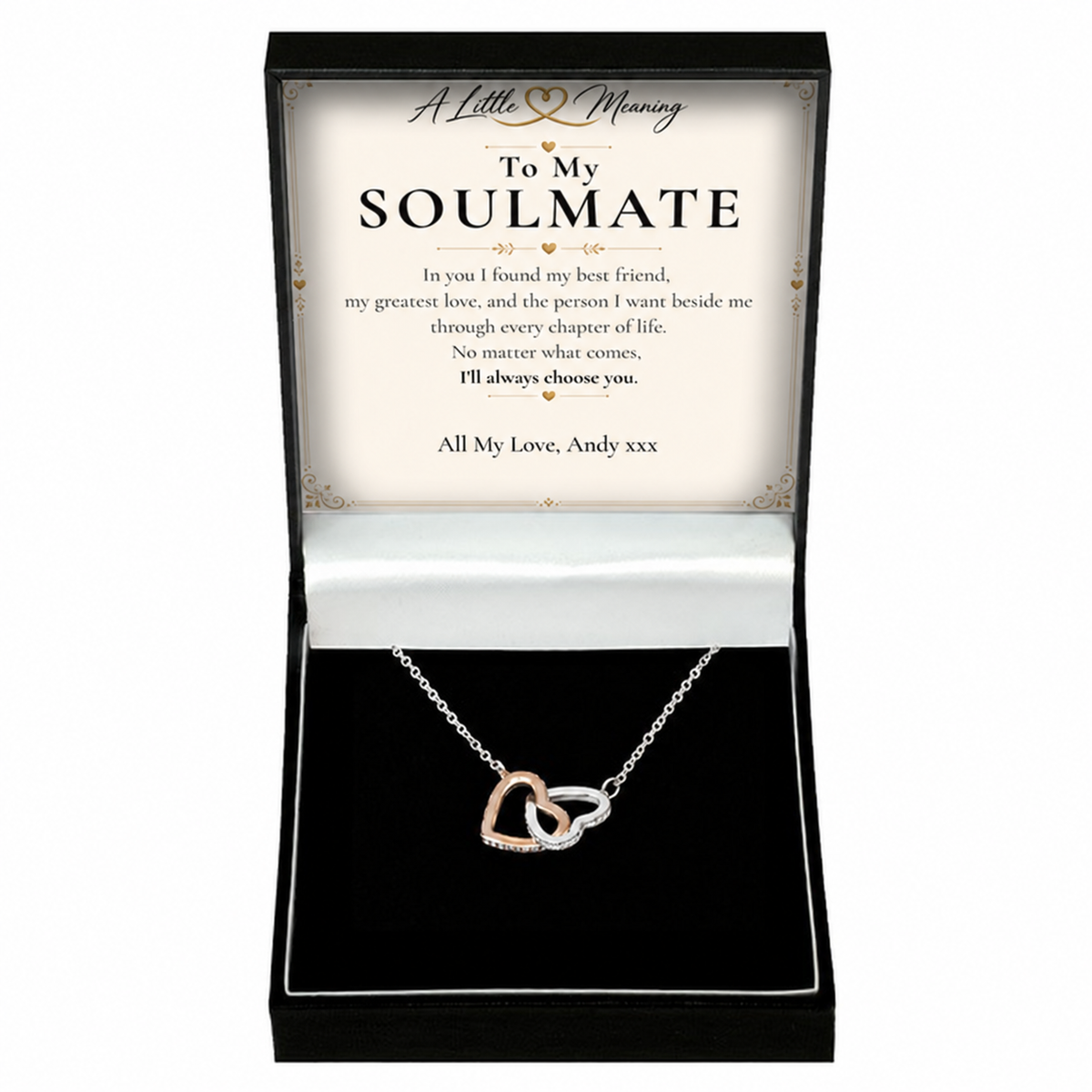 Soulmate necklace gift with example personalised message card