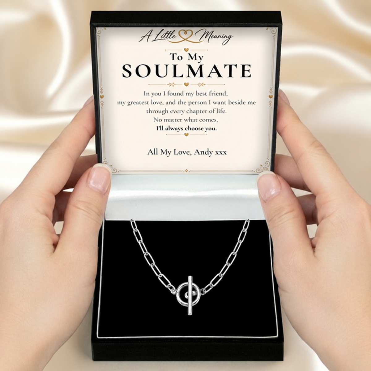 Soulmate necklace gift with example personalised message card