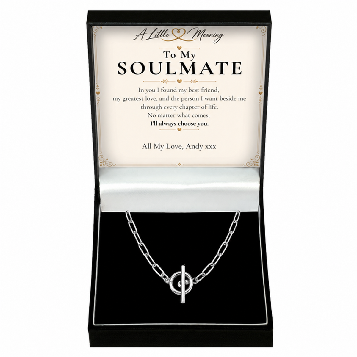 Soulmate necklace gift with example personalised message card