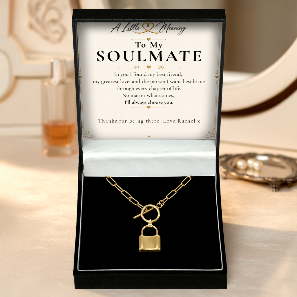 Golden Bond Soulmate Necklace in gift box with an example personalised message card