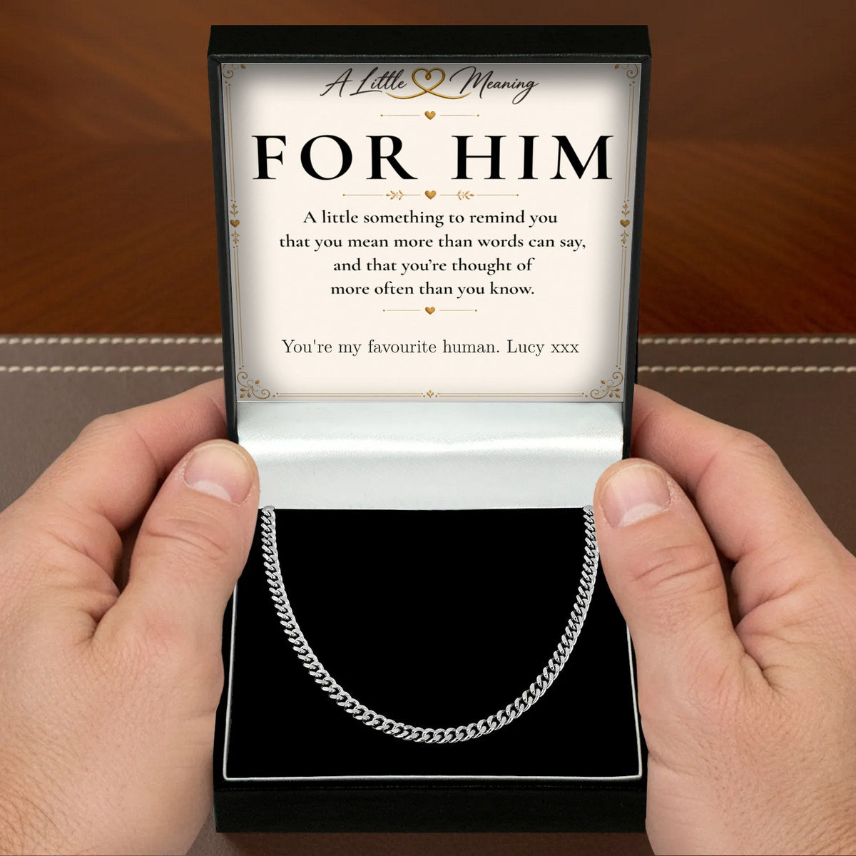 Stainless steel Cuban chain necklace with personalised keepsake box – men's gift necklace