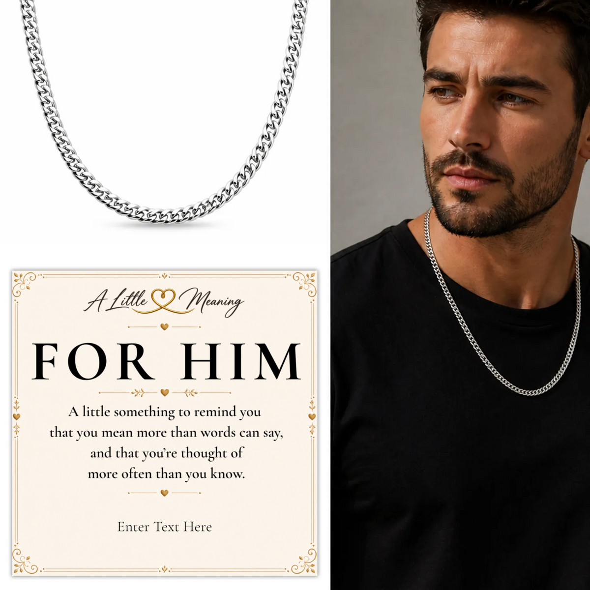 Stainless steel Cuban chain necklace with personalised keepsake box – men's gift necklace