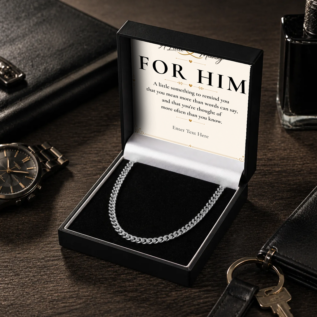 Stainless steel Cuban chain necklace with personalised keepsake box – men's gift necklace