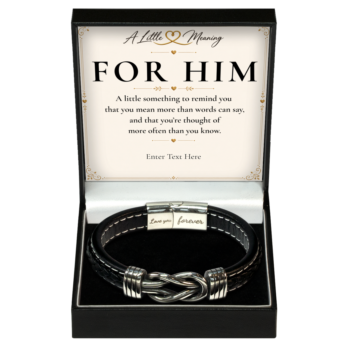 The Infinity Knot Bracelet: men's woven bracelet with infinity knot in a gift box with a personalised message card