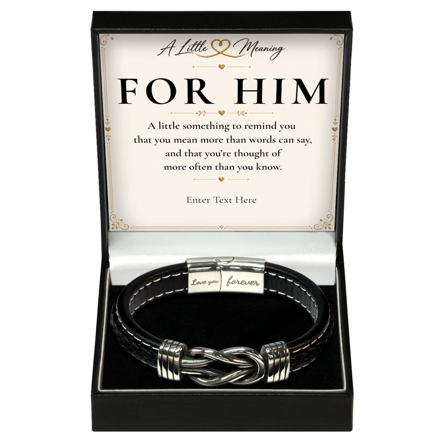 The Infinity Knot Bracelet: men's woven bracelet with infinity knot in a gift box with a personalised message card
