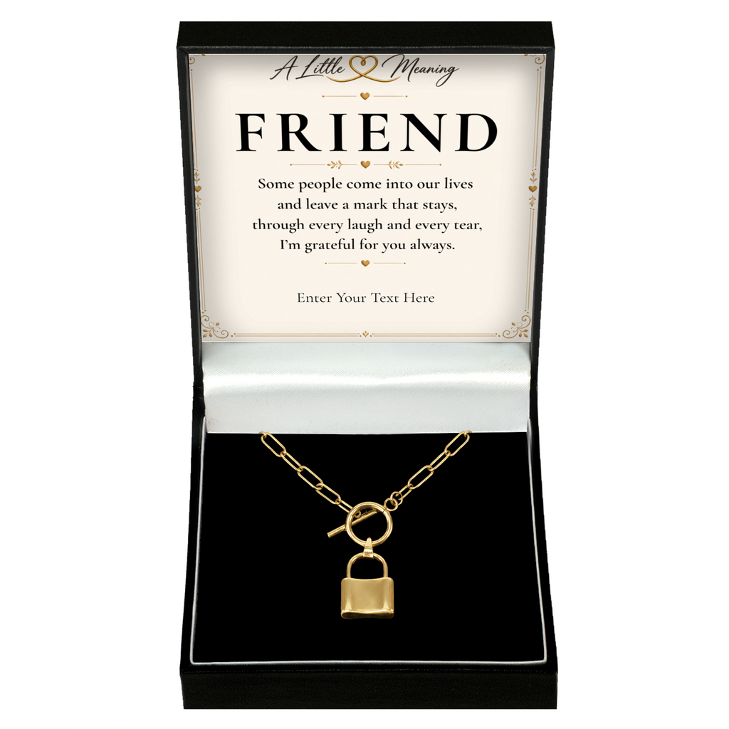 The Golden Bond Friend Necklace: gold-tone padlock pendant in a gift box with a personalised message card