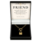 The Golden Bond Friend Necklace: gold-tone padlock pendant in a gift box with a personalised message card