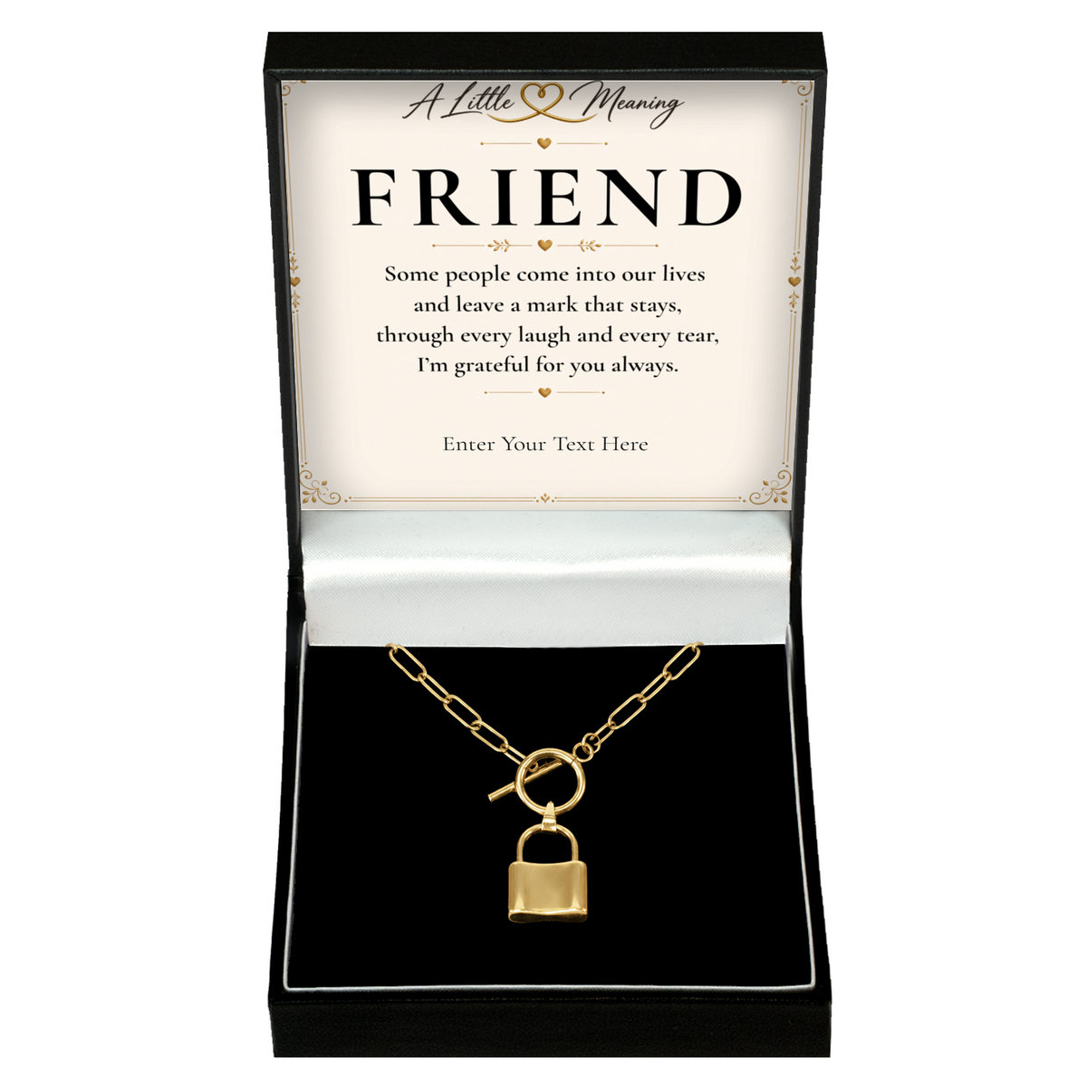 The Golden Bond Friend Necklace: gold-tone padlock pendant in a gift box with a personalised message card