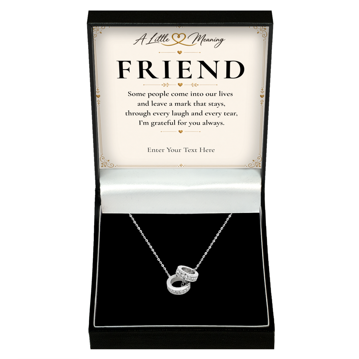 The Trinity Friend Necklace: Trinity ring pendant in a gift box with a personalised message card