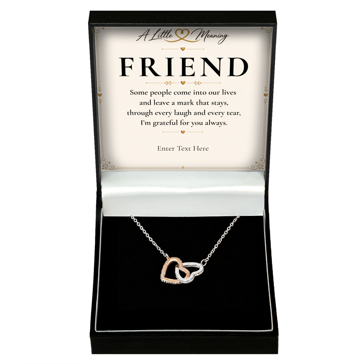 The Heart to Heart Friend Necklace: two-tone interlocking hearts pendant in a gift box with a personalised message card