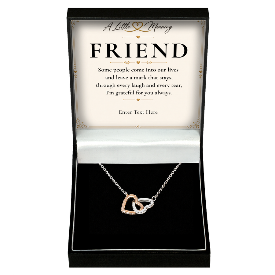 The Heart to Heart Friend Necklace: two-tone interlocking hearts pendant in a gift box with a personalised message card