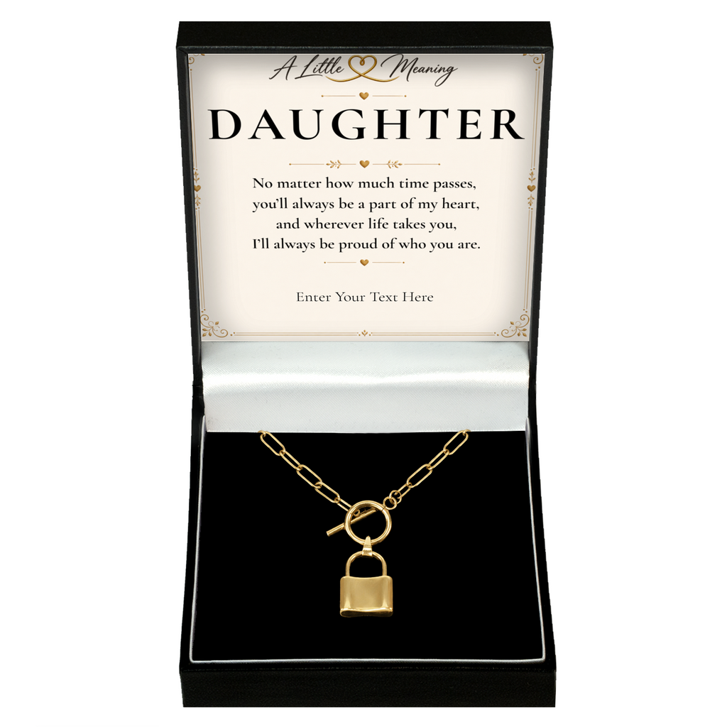 The Golden Bond Daughter Necklace: gold-tone padlock pendant in a gift box with a personalised message card