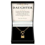 The Golden Bond Daughter Necklace: gold-tone padlock pendant in a gift box with a personalised message card