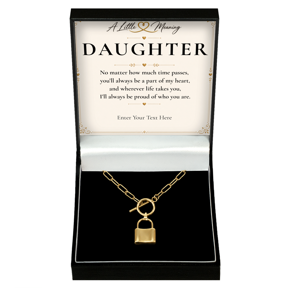 The Golden Bond Daughter Necklace: gold-tone padlock pendant in a gift box with a personalised message card