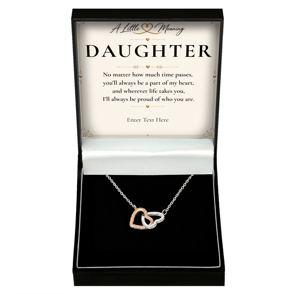 The Heart to Heart Daughter Necklace: two-tone interlocking hearts pendant in a gift box with a personalised message card