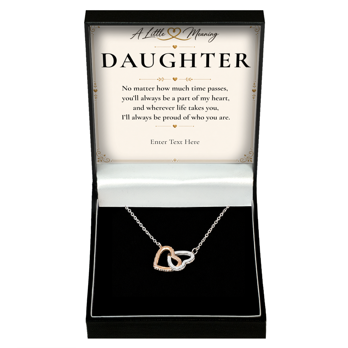 The Heart to Heart Daughter Necklace: two-tone interlocking hearts pendant in a gift box with a personalised message card
