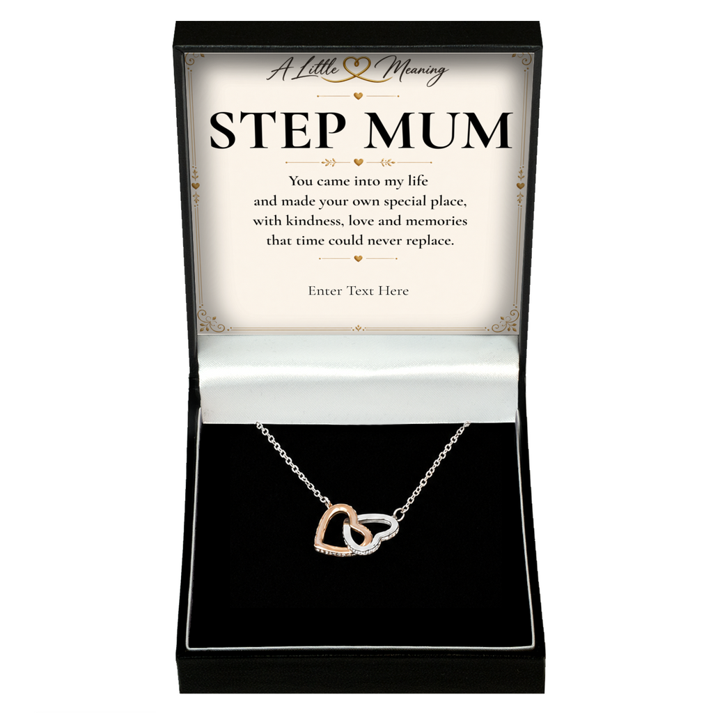 The Heart to Heart Step Mum Necklace: two-tone interlocking hearts pendant in a gift box with a personalised message card