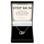 The Heart to Heart Step Mum Necklace: two-tone interlocking hearts pendant in a gift box with a personalised message card