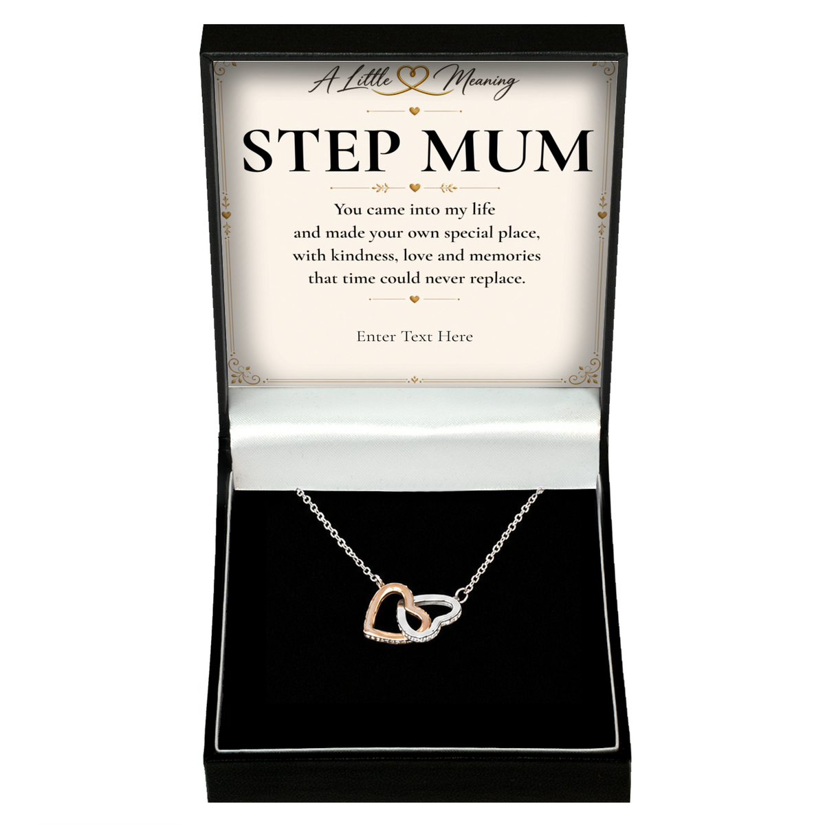 The Heart to Heart Step Mum Necklace: two-tone interlocking hearts pendant in a gift box with a personalised message card