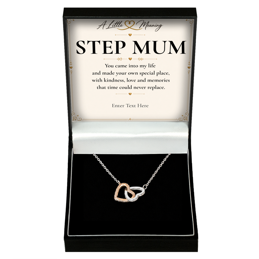 The Heart to Heart Step Mum Necklace: two-tone interlocking hearts pendant in a gift box with a personalised message card