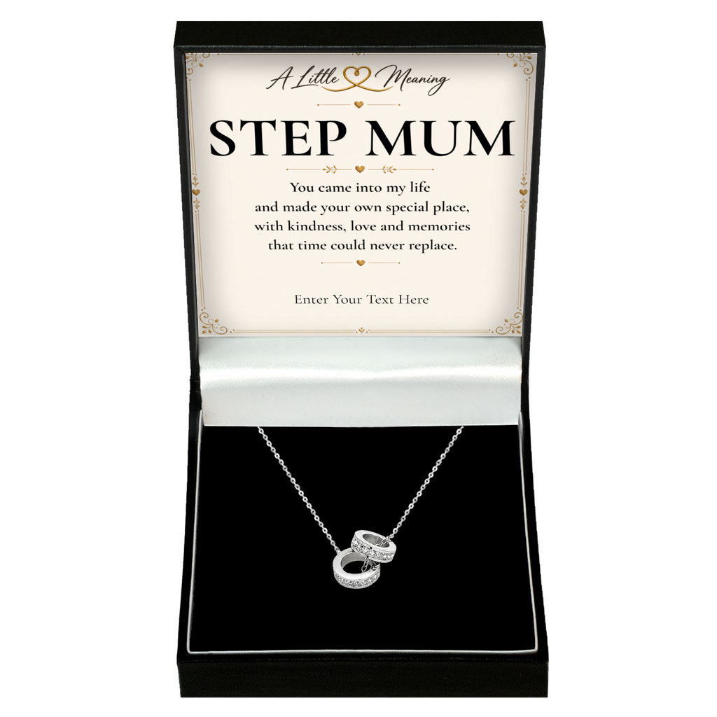 The Trinity Step Mum Necklace: Trinity ring pendant in a gift box with a personalised message card