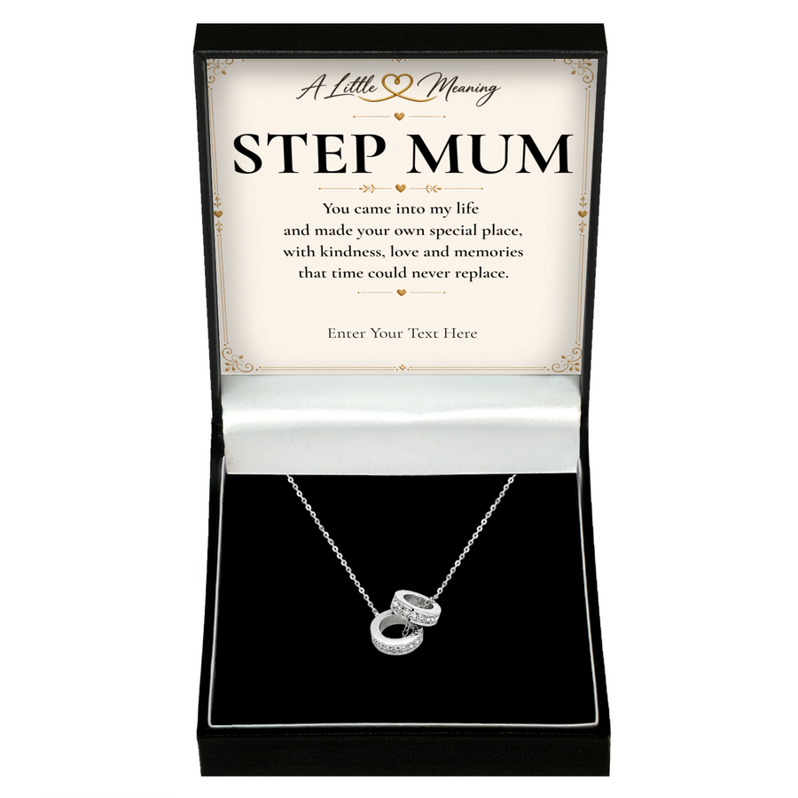 The Trinity Step Mum Necklace: Trinity ring pendant in a gift box with a personalised message card