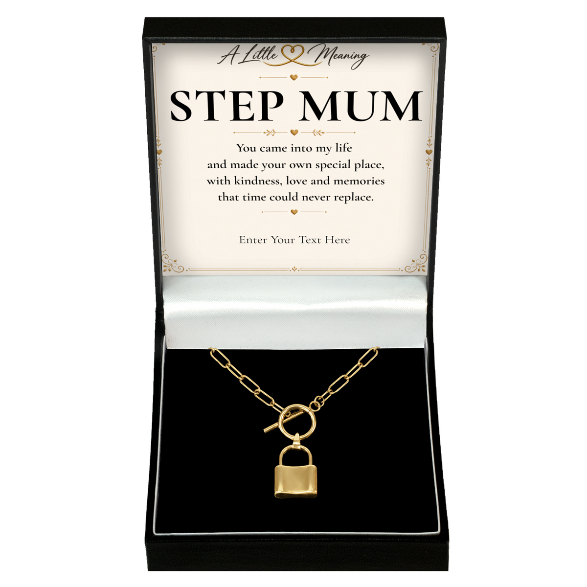 The Golden Bond Step Mum Necklace: gold-tone padlock pendant in a gift box with a personalised message card