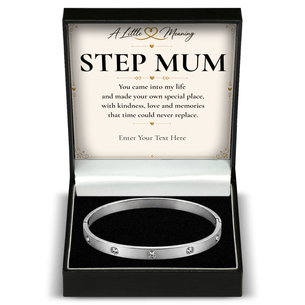 The Sparkle Step Mum Bracelet: crystal bangle in a gift box with a personalised message card