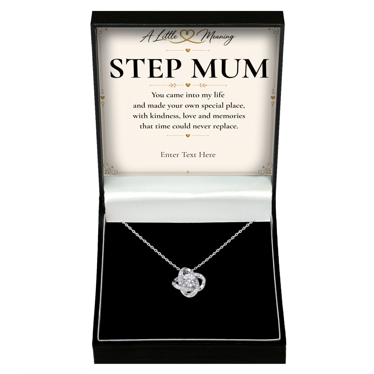 The Forever Step Mum Necklace: love knot pendant in a gift box with a personalised message card