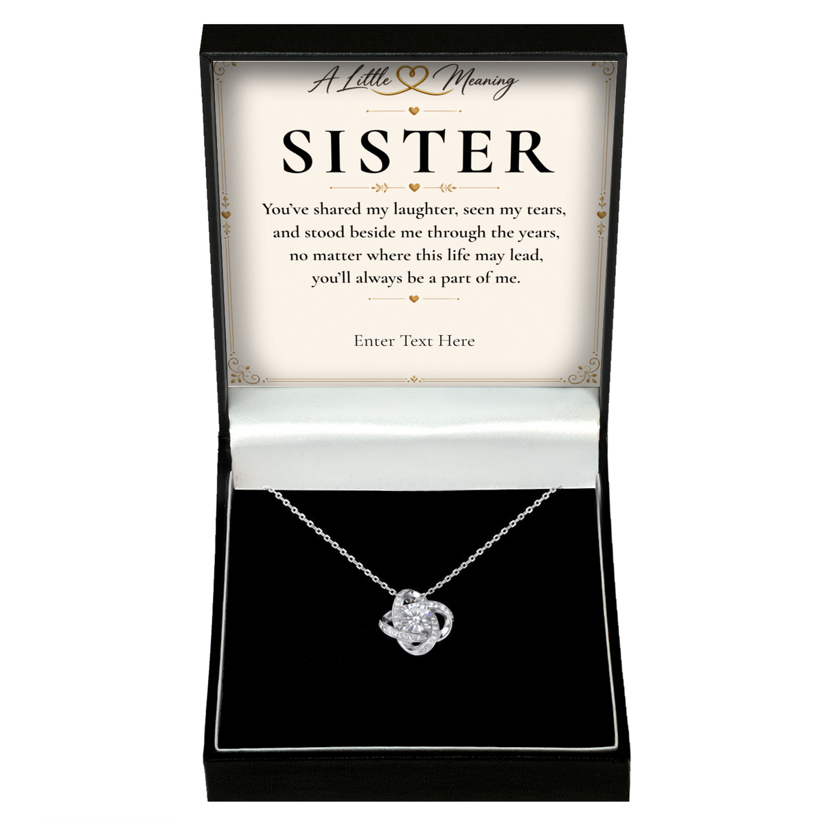 The Forever Sister Necklace: love knot pendant in a gift box with a personalised message card