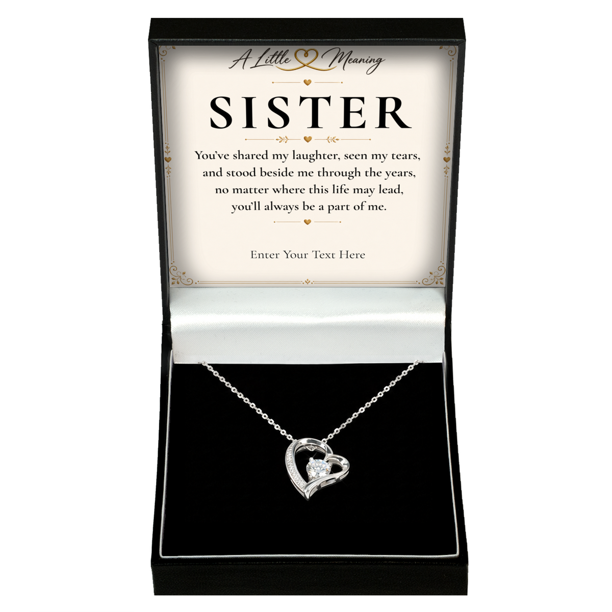 The Eternal Sister Necklace: crystal heart pendant in a gift box with a personalised message card