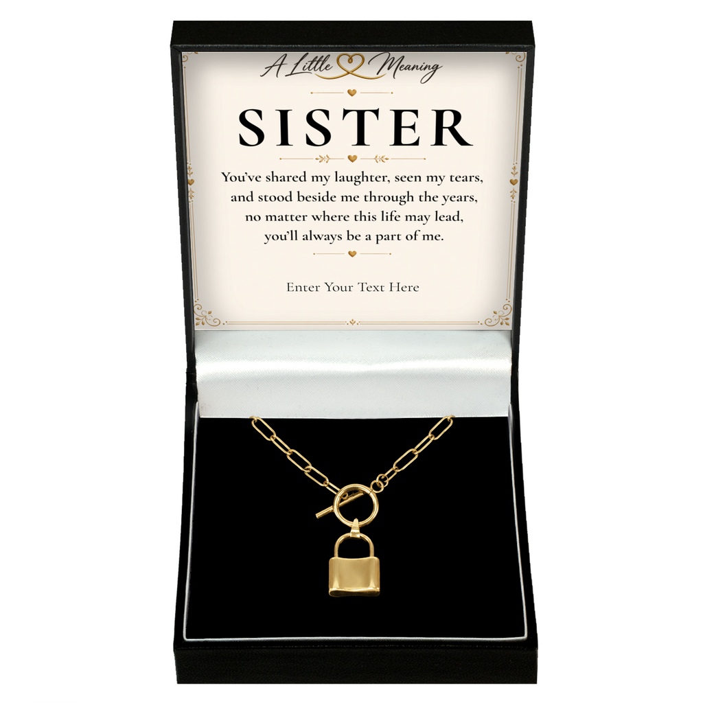 The Golden Bond Sister Necklace: gold-tone padlock pendant in a gift box with a personalised message card