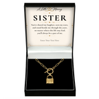 The Golden Bond Sister Necklace: gold-tone padlock pendant in a gift box with a personalised message card