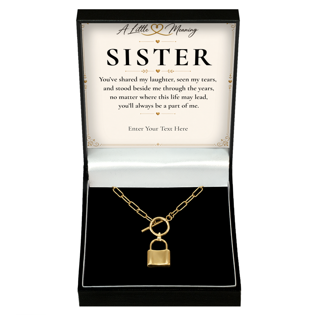 The Golden Bond Sister Necklace: gold-tone padlock pendant in a gift box with a personalised message card