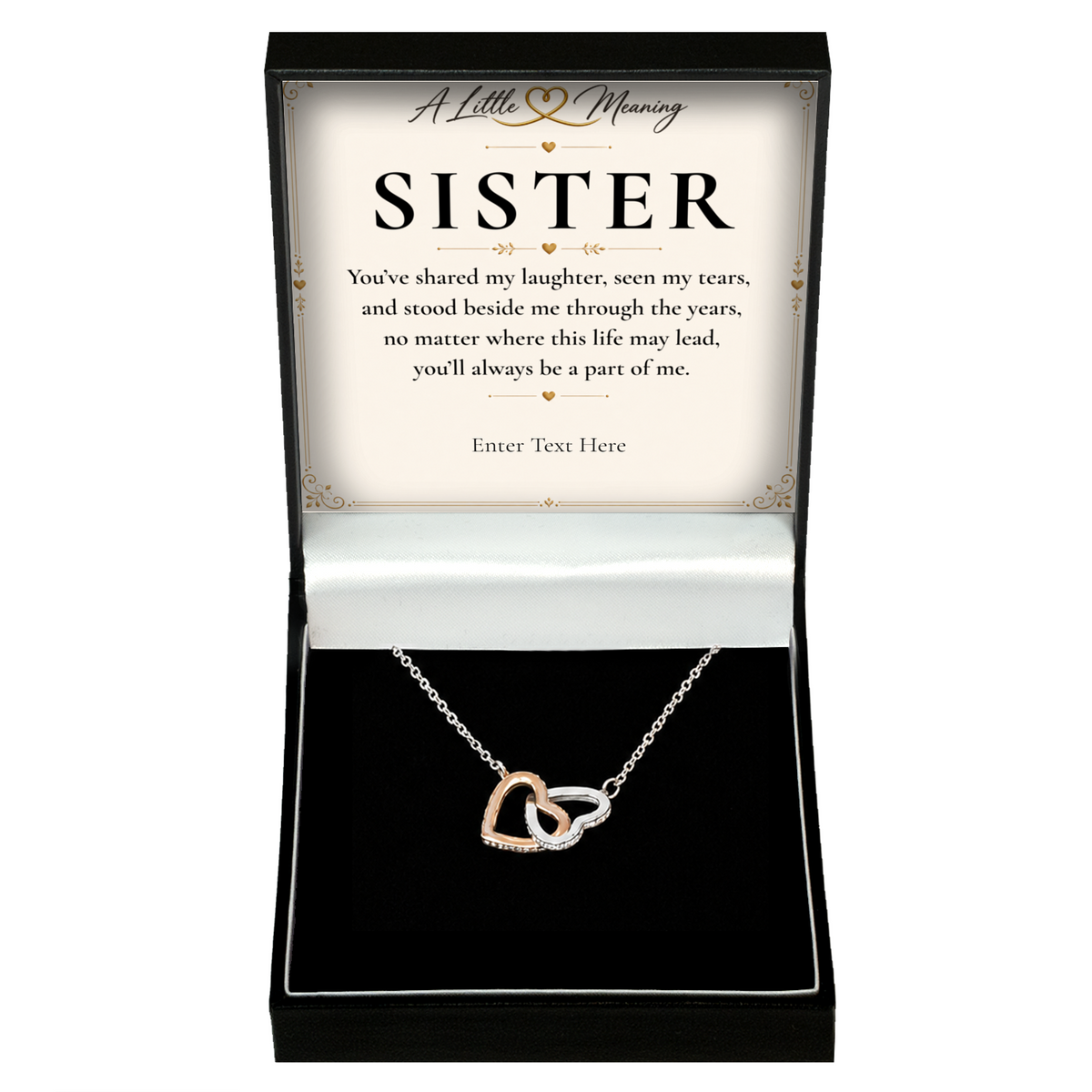 The Heart to Heart Sister Necklace: two-tone interlocking hearts pendant in a gift box with a personalised message card