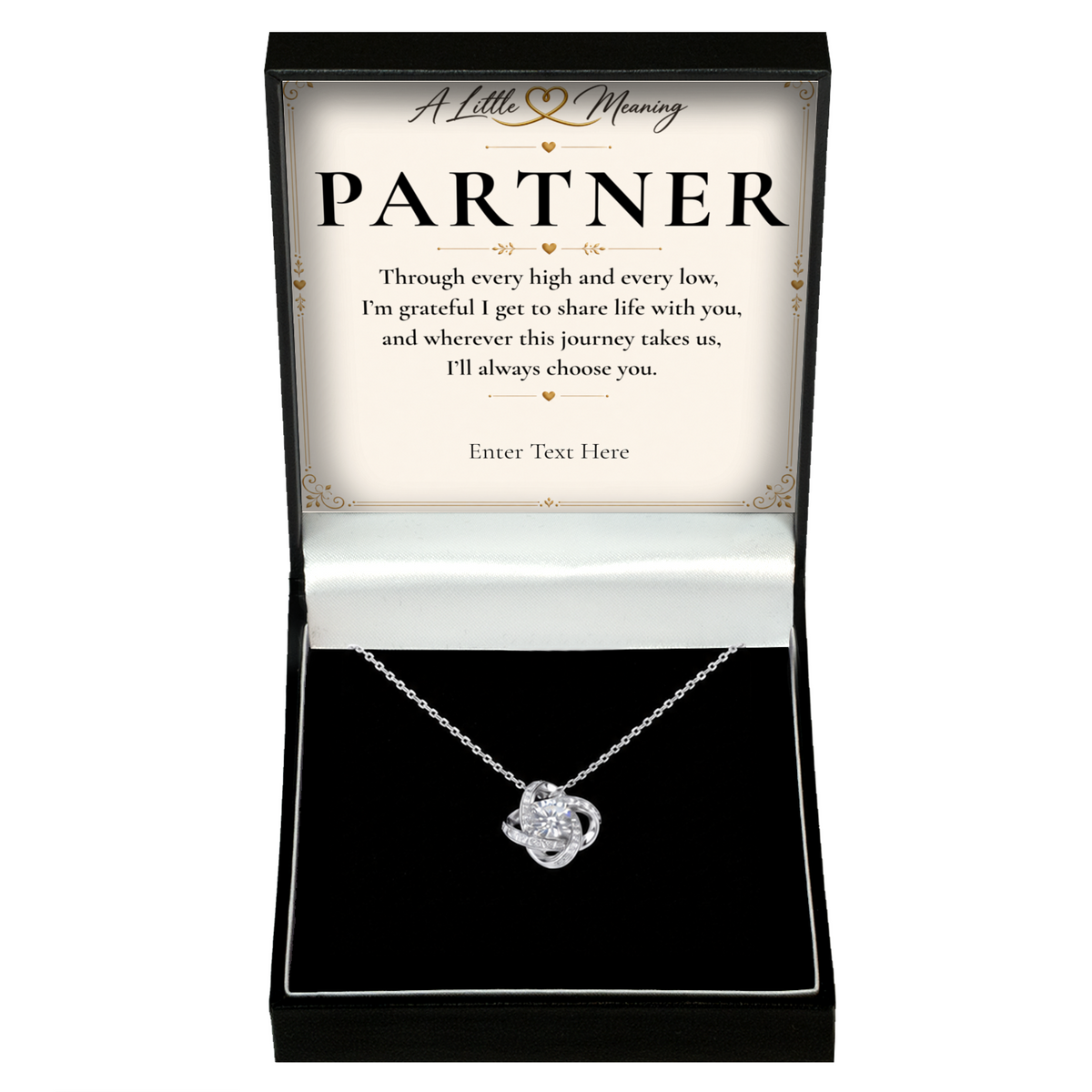 The Forever Partner Necklace: love knot pendant in a gift box with a personalised message card