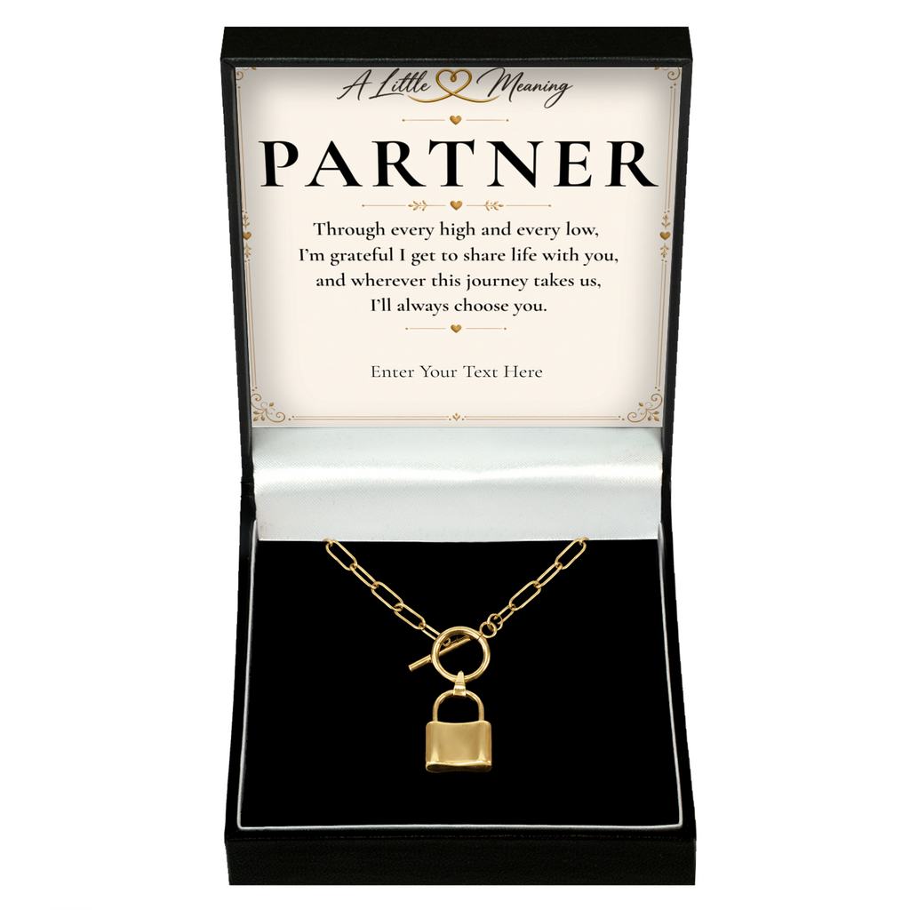 The Golden Bond Partner Necklace: gold-tone padlock pendant in a gift box with a personalised message card