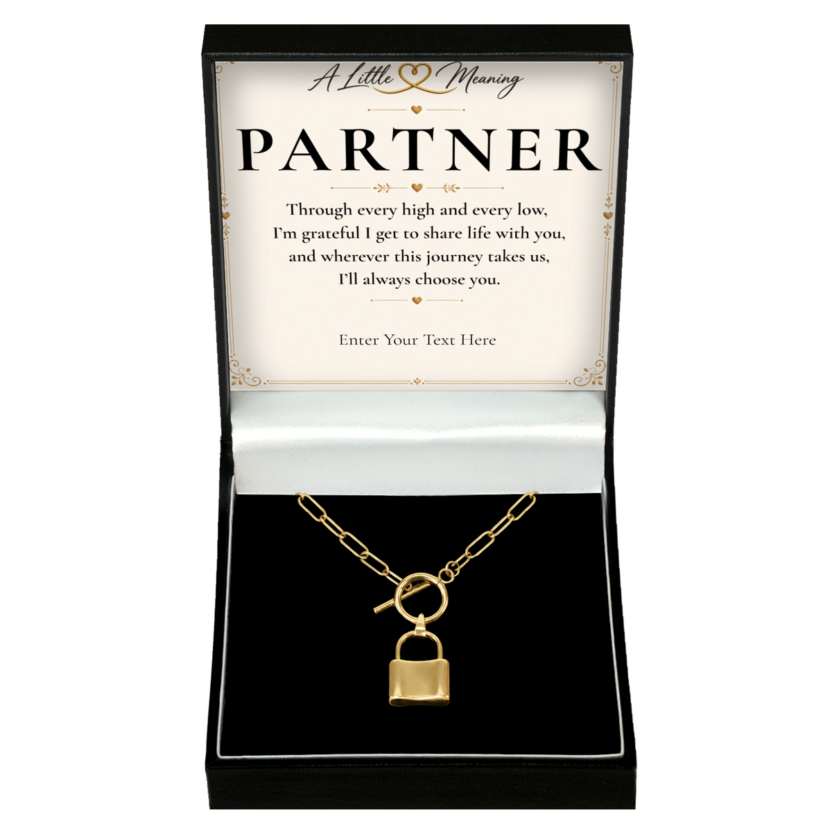 The Golden Bond Partner Necklace: gold-tone padlock pendant in a gift box with a personalised message card