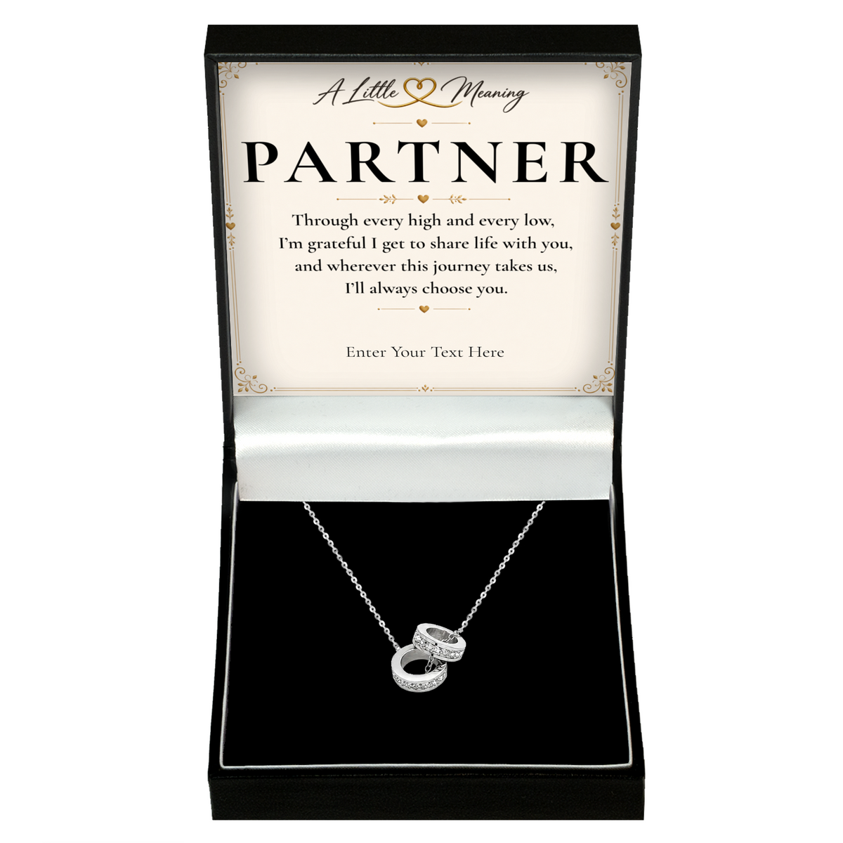 The Trinity Partner Necklace: Trinity ring pendant in a gift box with a personalised message card