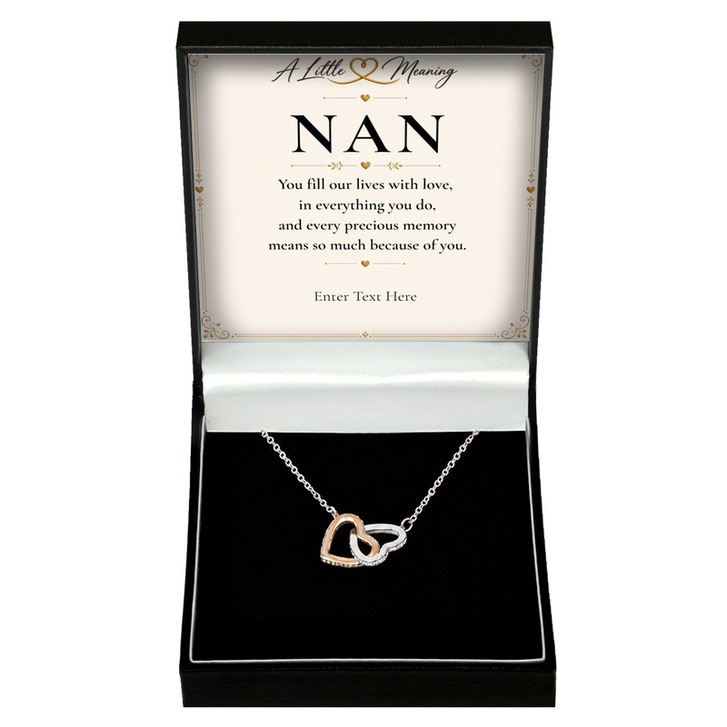 The Heart to Heart Nan Necklace: two-tone interlocking hearts pendant in a gift box with a personalised message card