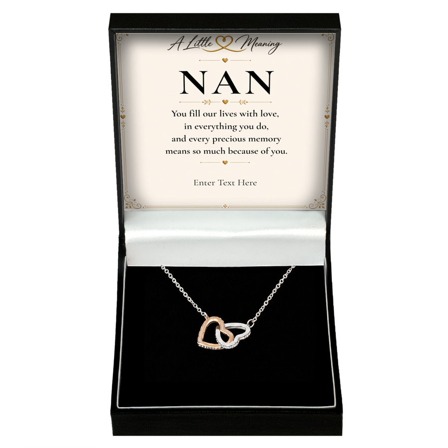 The Heart to Heart Nan Necklace: two-tone interlocking hearts pendant in a gift box with a personalised message card