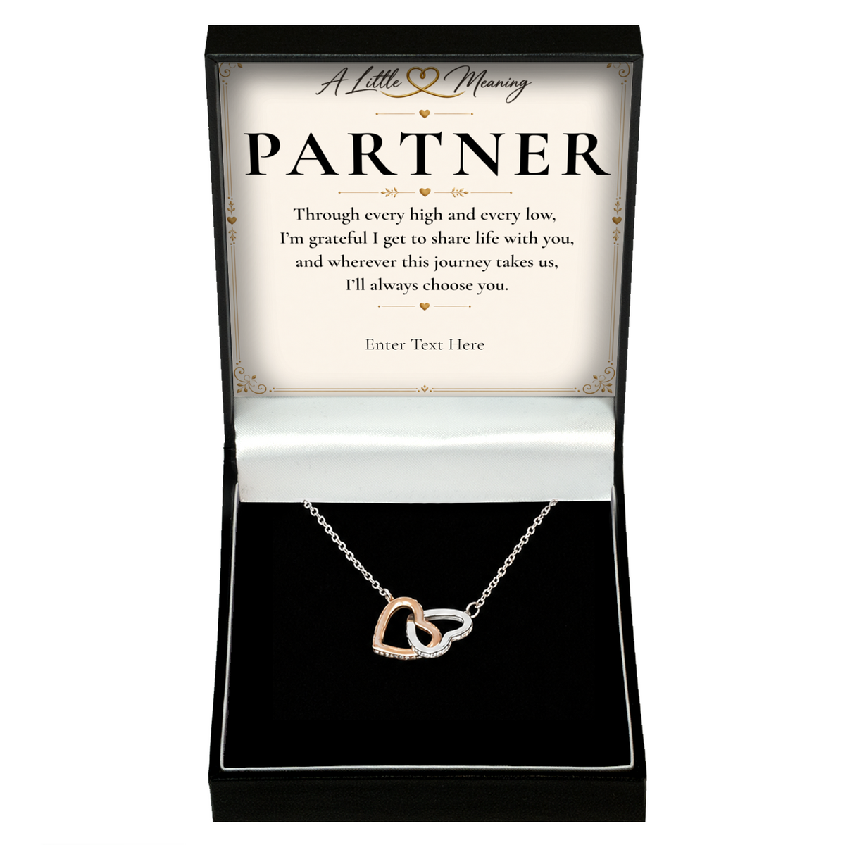 The Heart to Heart Partner Necklace: two-tone interlocking hearts pendant in a gift box with a personalised message card