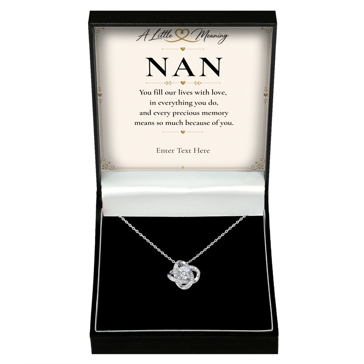 The Forever Nan Necklace: love knot pendant in a gift box with a personalised message card