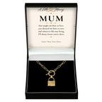 The Golden Bond Mum Necklace: gold-tone padlock pendant in a gift box with a personalised message card