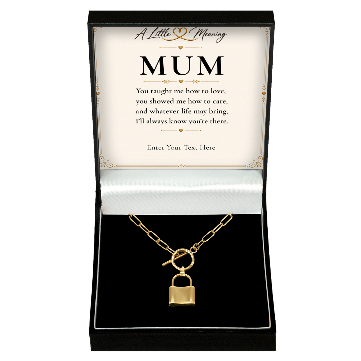 The Golden Bond Mum Necklace: gold-tone padlock pendant in a gift box with a personalised message card